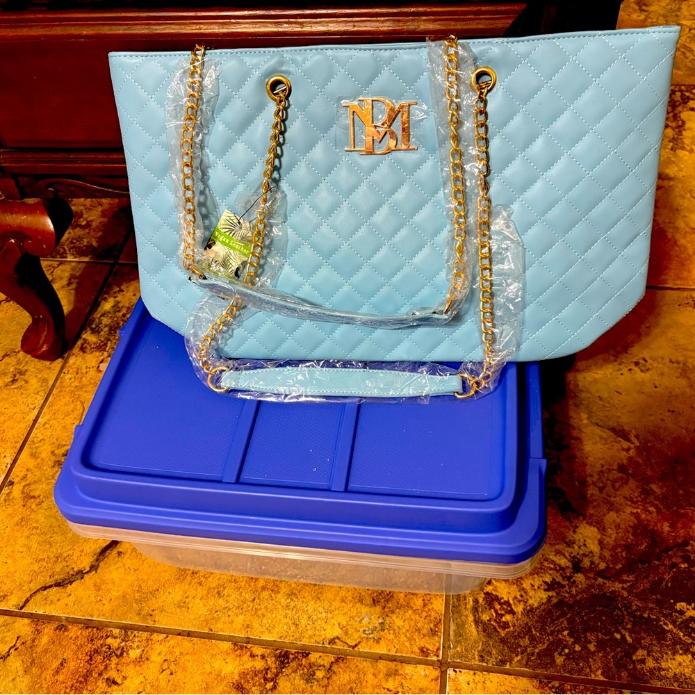 Chic Light Blue Quilted Tote with Gold Chain by